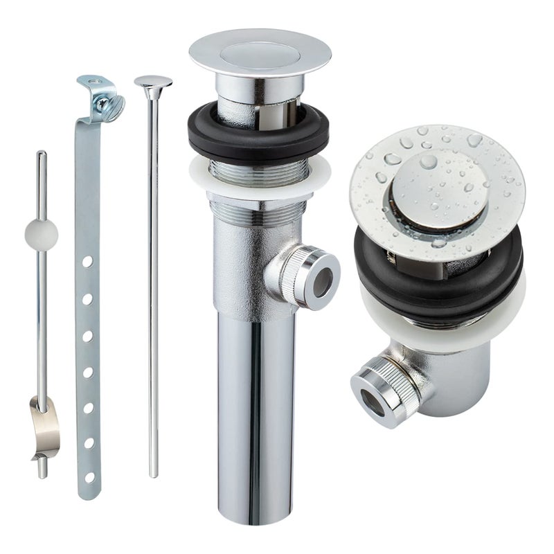 Artiwell Sink Pop-Up Drain Stopper Assembly with Lift Rod and Overflow, Solid Brass Lavatory Pop Up Drain Assembly for Bathroom Vanity Sink, All Brass Construction (Chrome Plated) - Image 1